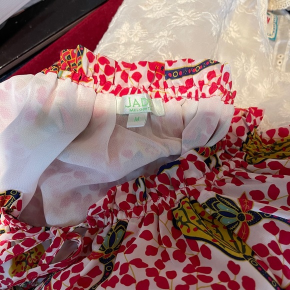 JADE Melody Tam Red Tropical Peacock Print Blouse. Medium Excellent Condition - Picture 7 of 8